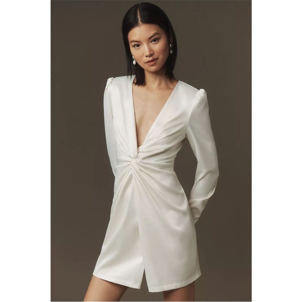 BHLDN Maya Long-Sleeve Twist Satin White Mini Dress (NWT)
